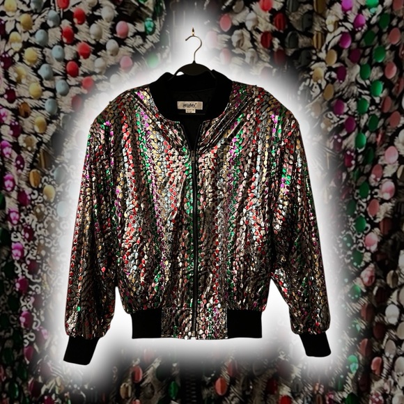 Mighty Retro/Vintage Metallic Silver Bomber Jacket with Multi-Colour Sequins - Picture 4 of 16